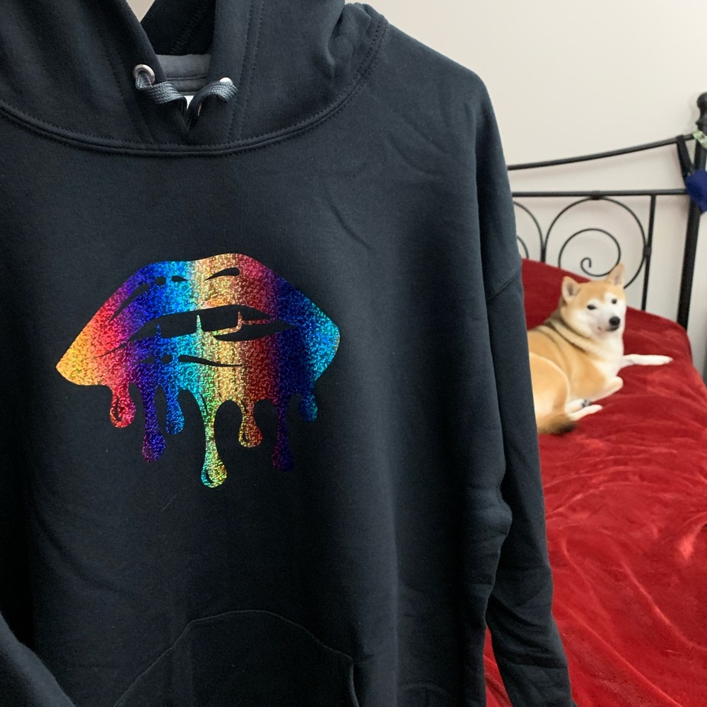 Size Large Fruit Of the Loom Sweatshirt w/Rainbow Holographic Dripping Lips
